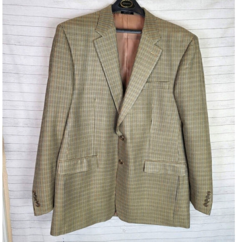 CHAPS 100% Silk Houndstooth Plaid 2 Button Sport Coat Jacket Blazer, sz 46 L